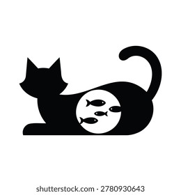 Black cat lying down with fish in belly illustration