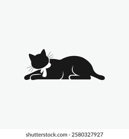 Black Cat Lying Down Icon with Collar, Simple, black silhouette icon of a cat lying down