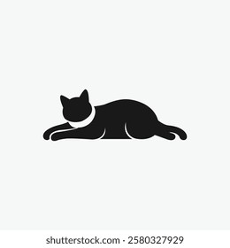 Black Cat Lying Down Icon with Collar, Simple, black silhouette icon of a cat lying down