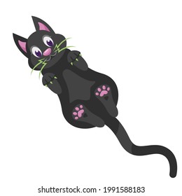 Black cat lying on its back top view. Halloween character in cartoon style