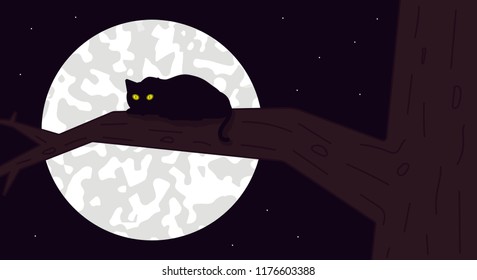 Black cat lying on a branch of a tree on a full moon night in Halloween.
