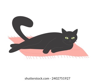 Black cat lying on mat. Lazy domestic kitten, cat stretching on floor cartoon vector illustration