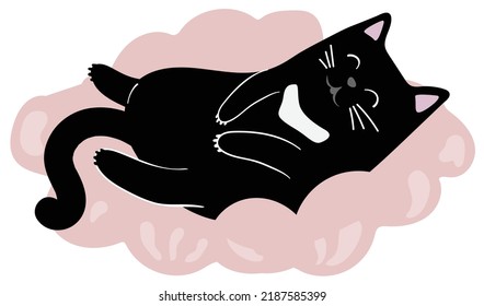 Black cat is lying on pink pillow. Hand drawn vector illustration. Suitable for website, stickers, postcards.