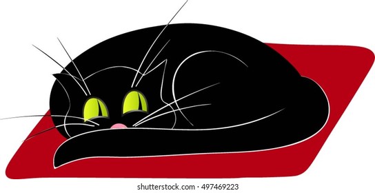 Black Cat Lying on the Red Mat