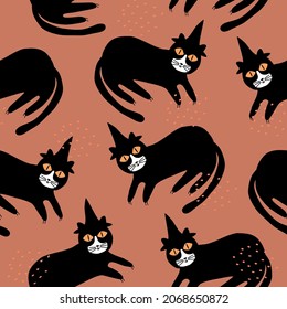 Black cat with magic hat and yellow eyes hand drawn vector illustration. Spooky feline character. Halloween seamless pattern.