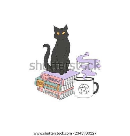 Black cat Magical books Witch tea vector illustration. Groovy boho magic print design. Mystical Halloween vibes clipart.