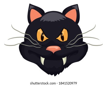 Gato negro con cara maliciosa y bigotes, aislado sobre fondo blanco.