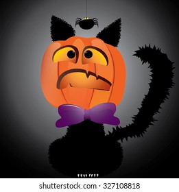 BLACK CAT MASKED AS PUMPKIN SCARED BY SPIDER