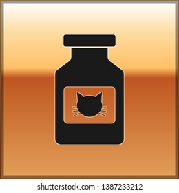 Black Cat medicine bottle icon isolated on gold background. Container with pills. Prescription medicine for animal. Vector Illustration
