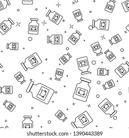 Black Cat medicine bottle icon isolated seamless pattern on white background. Container with pills. Prescription medicine for animal. Vector Illustration
