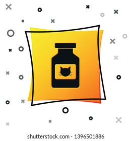 Black Cat medicine bottle icon isolated on white background. Container with pills. Prescription medicine for animal. Yellow square button. Vector Illustration