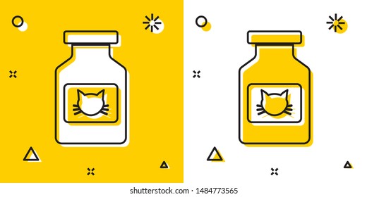Black Cat medicine bottle icon isolated on yellow and white background. Container with pills. Prescription medicine for animal. Random dynamic shapes. Vector Illustration
