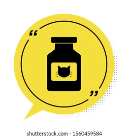 Black Cat medicine bottle icon isolated on white background. Container with pills. Prescription medicine for animal. Yellow speech bubble symbol. Vector Illustration