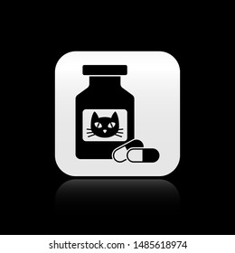 Black Cat medicine bottle and pills icon isolated on black background. Container with pills. Prescription medicine for animal. Silver square button. Vector Illustration