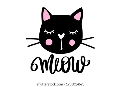 Black cat, meow lettering. Vector card with cute baby kitten. Doodle Kitty. Kids animals print. Funny character.