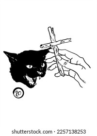 black cat meowing to a cross hand woman line illustration vector