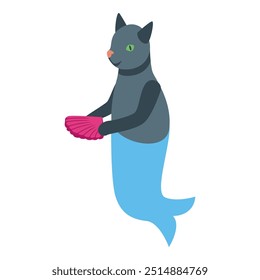 Black cat mermaid holding a scallop shell in an isometric illustration