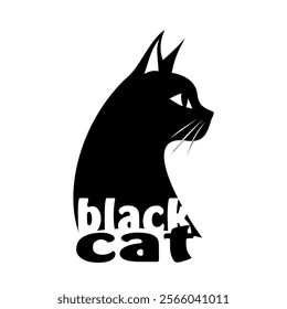 Black cat, minimalistic black and white logo with a cat head. Vector illustration