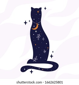 Black cat of modern witch with night sky, crescent moon and stars inside. Magic domestic animal with moon necklace. Vector illustration for tarot card cover or postcard. Witchcraft or mystery concept.