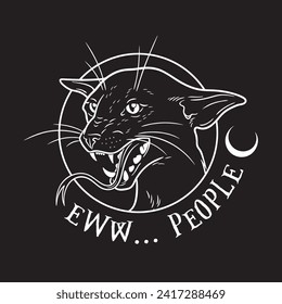 Black cat monster with snake tongue t-shirt print witch familiar spirit halloween or pagan witchcraft theme design vector illustration