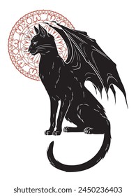 Black cat with monster wings isolated. Witch familiar spirit, halloween or pagan witchcraft theme print design vector illustration