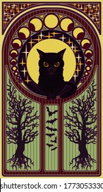 Black cat and moon, art nouveau style card, vector illustration	