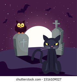 black cat with moon in cemetery scene