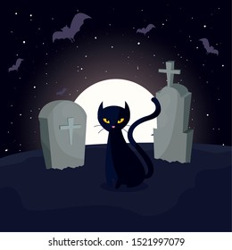 black cat with moon in cemetery scene vector illustration design