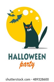 Black cat and moon. Halloween greeting card, poster, flyer, banner, invitation.