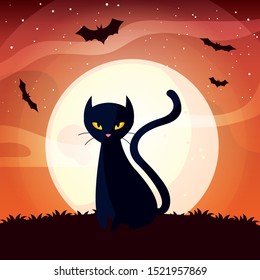 black cat with moon in scene of halloween vector illustration design