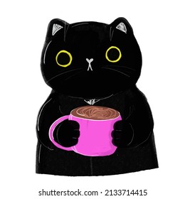 Black cat. Morning black cat with  cup of coffee, cocoa, tea. Postcard portrait sketch stroke kitten pet. Vector illustration of an animal on a white background.