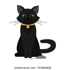 Black cat with mouse. Cartoon character. Domestic animal. Flat vector stock illustration