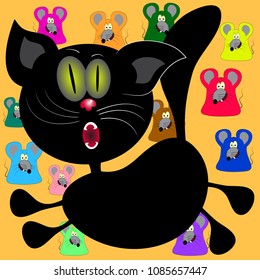 black cat and mouse cartoon comic vector illustration on a brown background.