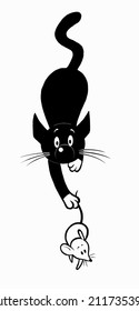 Black cat with a mouse, made in cartoon style in vector