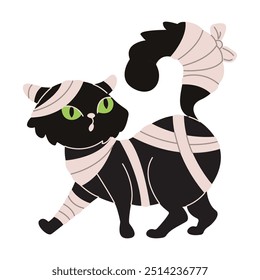 Black cat in mummy costume flat color vector illustration. Feline pet wrapped with bands Halloween character icon on white background