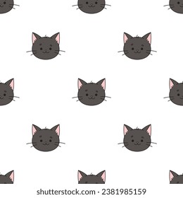 Black Cat muzzle pattern. Cat character is in doodle style for designing baby clothes. Hand drawn seamless pattern with cartoon Kitten. Bohemian nursery print. Vector illustration