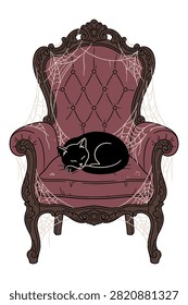 Black cat napping, antique chair, spiderwebs, spooky gothic mood, eerie comfort.
