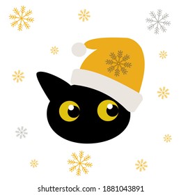 Black cat in a New Year's yellow hat. Black cute funny kitten in snowflakes isolated on white background for fashion prints, textiles, clothes, tableware. Vector illustration.