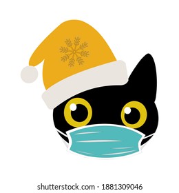 Black cat in a New Year's yellow hat. Black cute funny kitten in a blue mask, isolated on a white background for fashion prints, textiles, clothes, dishes. Vector illustration.