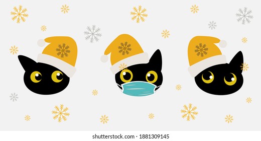 Black cat in a New Year's yellow hat and a blue medical mask. Three cute funny kittens in snowflakes are on a gray background for fashion prints, textiles, dishes. Vector illustration.