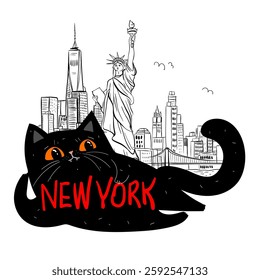 Black Cat in New York, Fun Travel Illustration with NYC Skyline