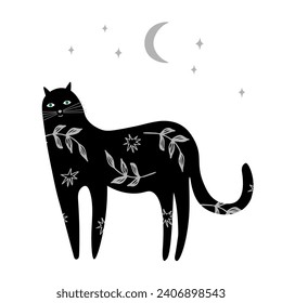 Black cat at night cartoon style hand drawn vector illustration. Cute magic animal with floral patterns, moon, stars. Design element for card, print, postcard, paper, flyer. Superstitions and symbol