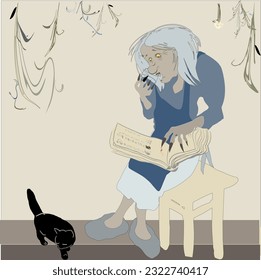 Black cat. An old woman, gray-haired and shaggy with yellow eyes and wrinkles, sits on a chair, drinks from a glass and looks at a book with pictures.