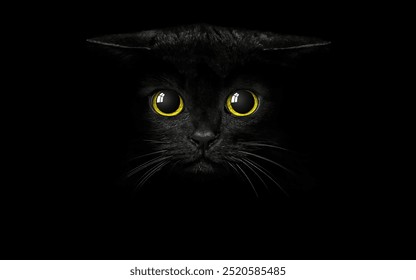 Black cat on a black background close up. Vector illustration.