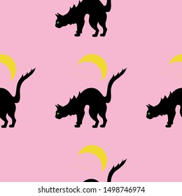 Black cat on a background of the moon and stars. Colored background.