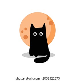 Black cat on the background of an orange full moon. Halloween card on white background. Image for design invitations