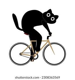 Un gato negro en una bicicleta. Caricatura de gato negro montando una bicicleta. Ilustración vectorial dibujada a mano aislada en fondo blanco