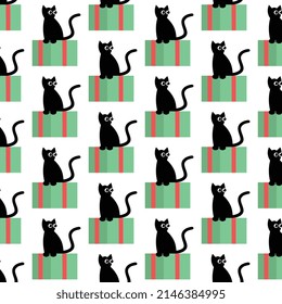 Black cat on a birthday present, cartoon modern style character design, vector for commercial use.