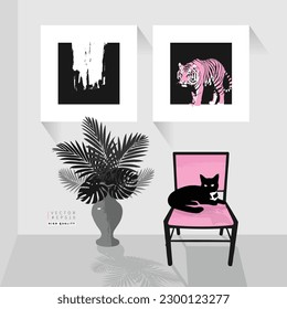 Black cat on a chair in modern room interior aesthetic print poster. Stylish vector design background.