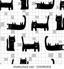 Black cat on a checkered kitchen floor. Vector seamless scandinavian pattern. Cute childish illustration in simple cartoon hand-drawn style